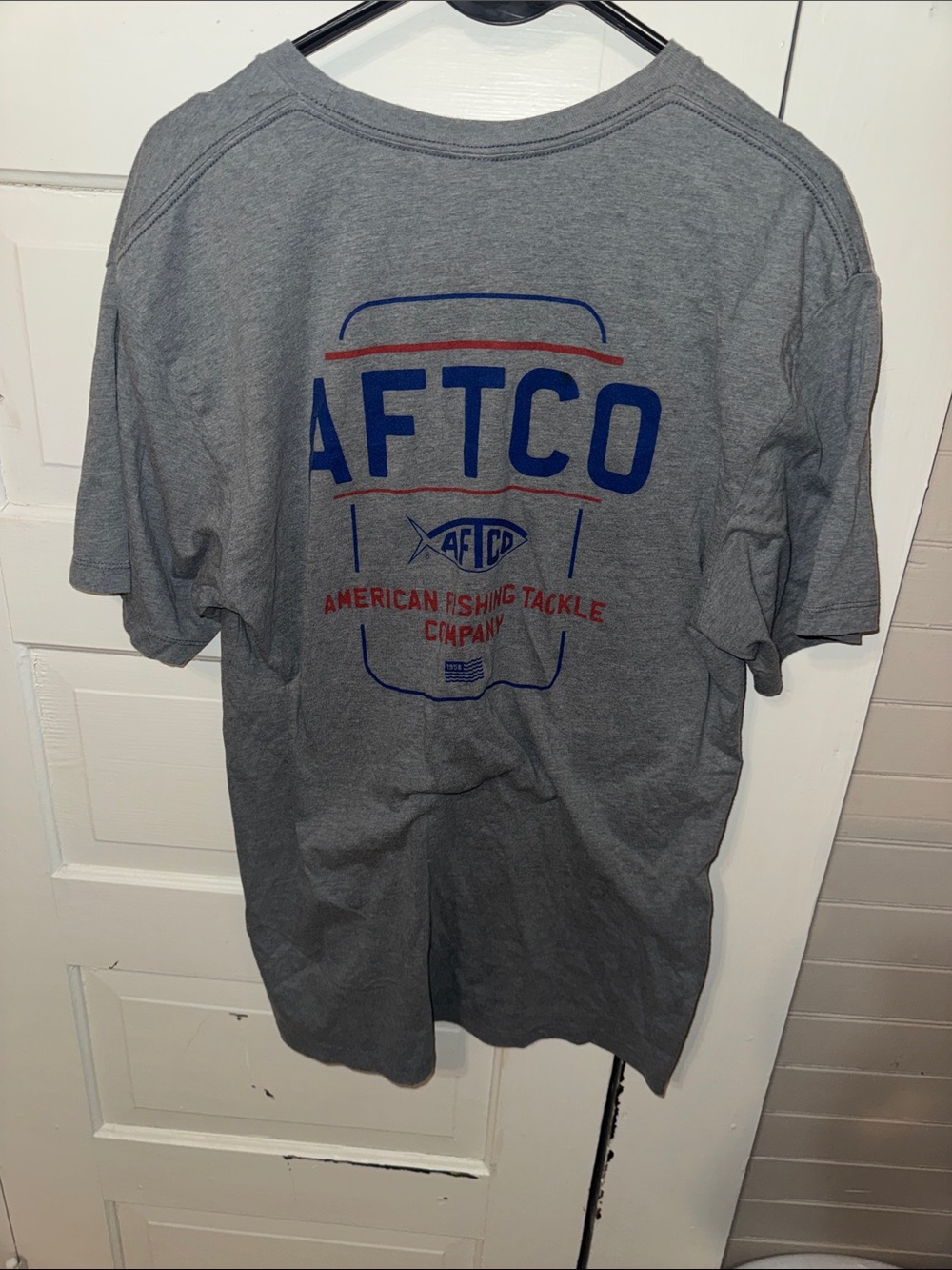 AFTCO Gray Short Sleeve Tee with Blue and Red Logo L